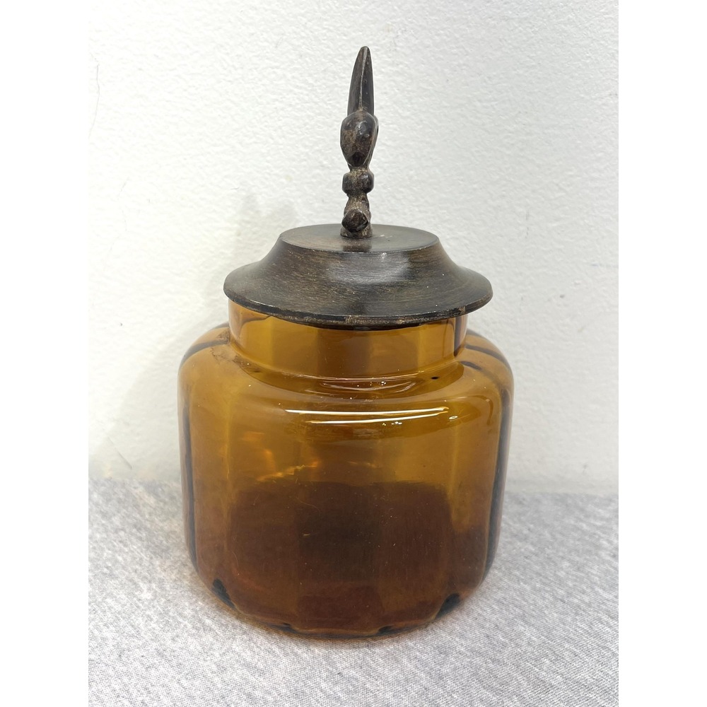 Amber Brown Glass Bottles Set 3 Fleur De Lis Lids Apothecary Canisters Unmarked - Picture 10 of 12